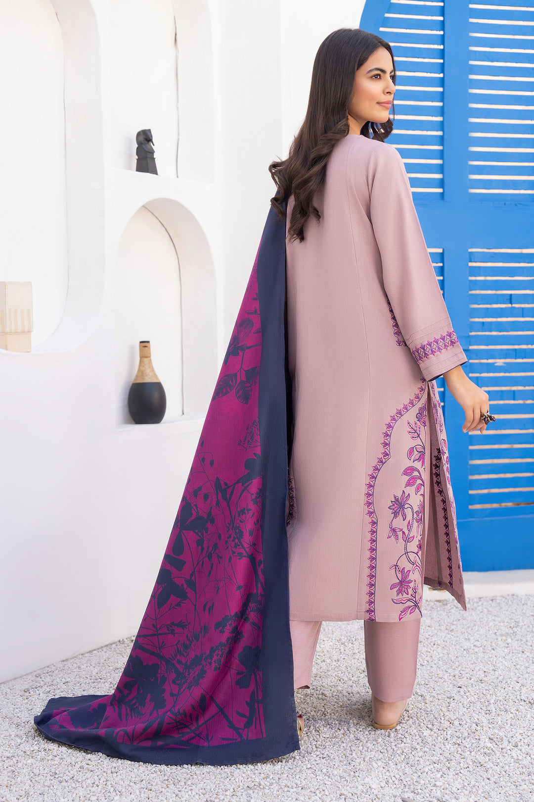 Magenta/Navy Blue Digital Print Acrylic Shawl