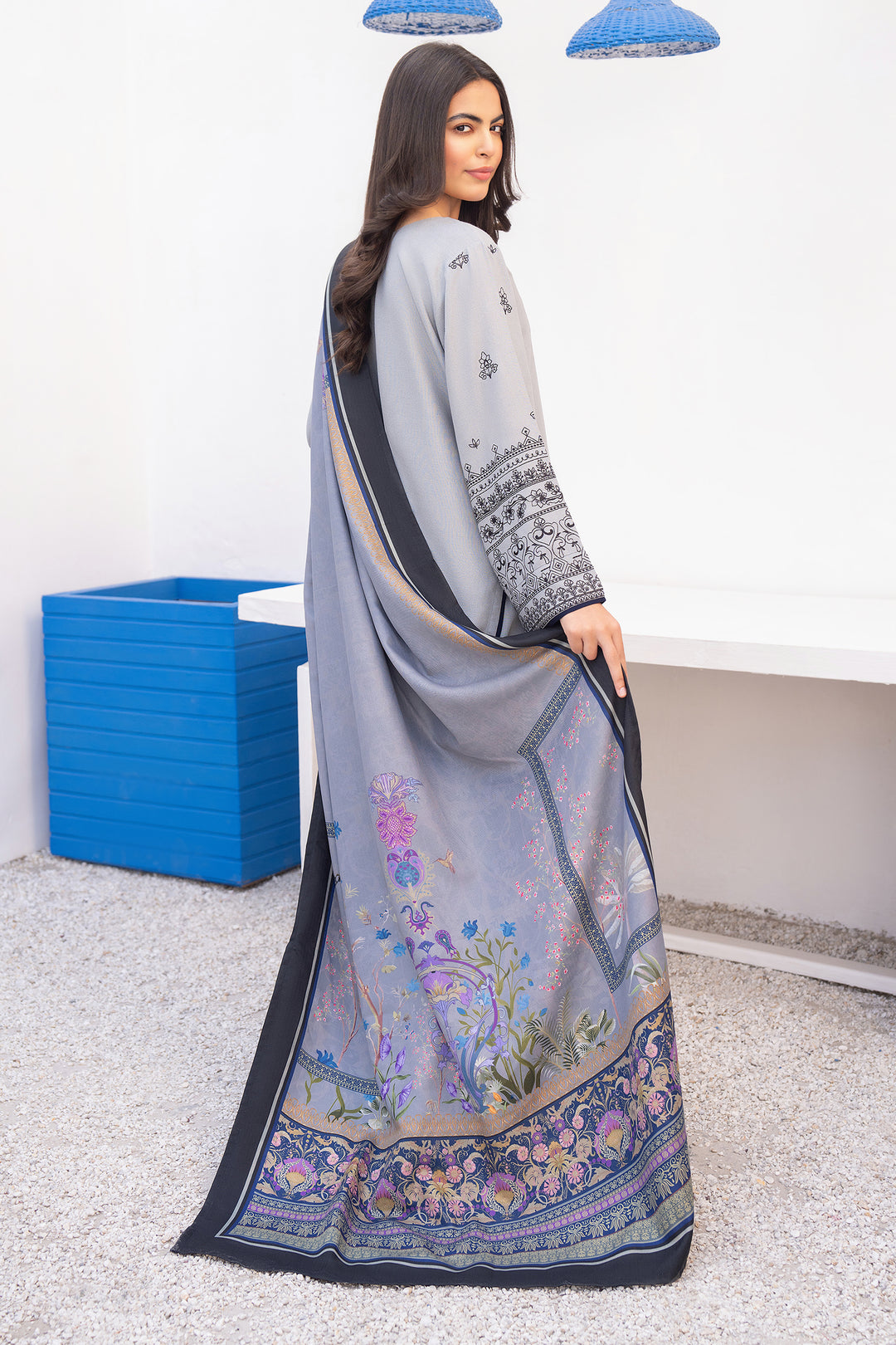 Grey Digital Print Acrylic Shawl