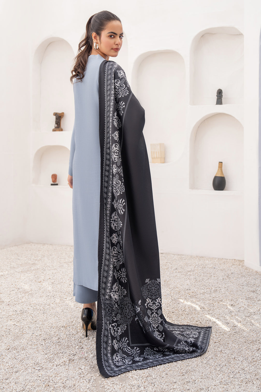 Black & Grey Digital Print Acrylic Shawl