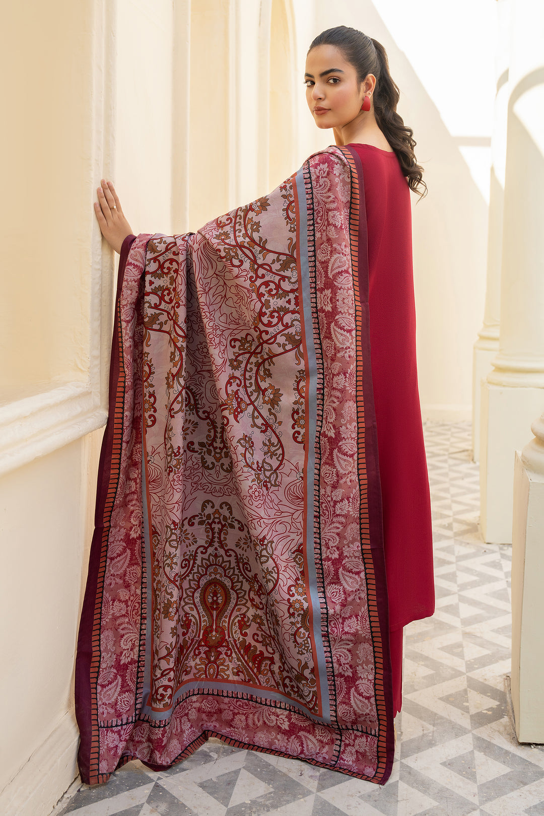 Maroon Digital Print Acrylic Shawl