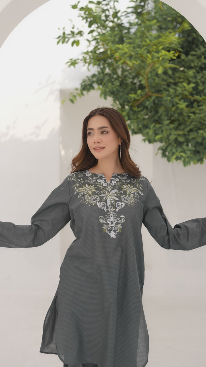 Grey Embroidery Cotton Slub 2PC Suit
