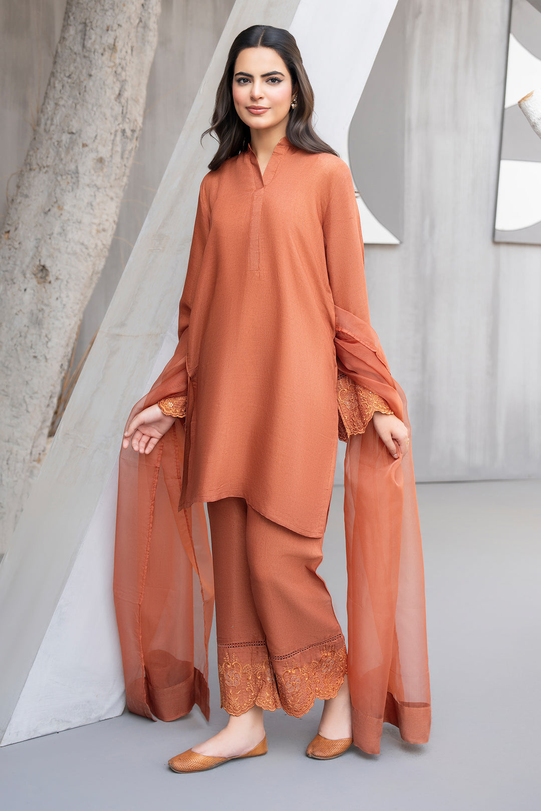 Rust Embroidery Raw Silk 3PC Suit