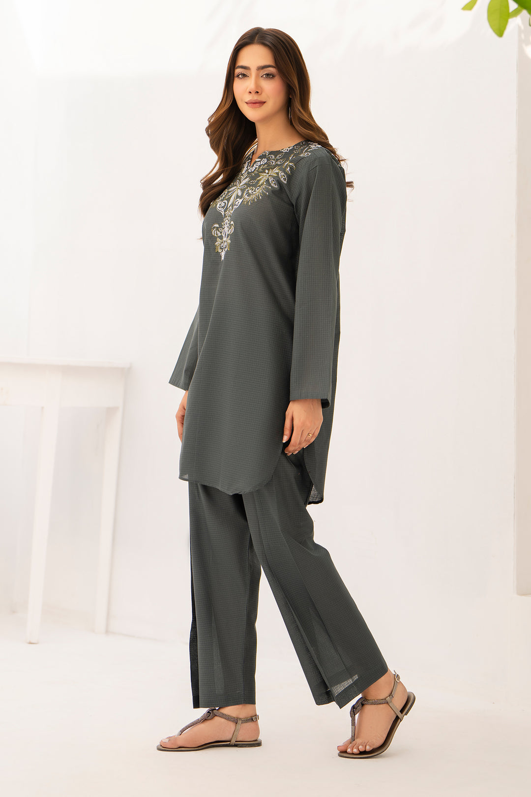 Grey Embroidery Cotton Slub 2PC Suit