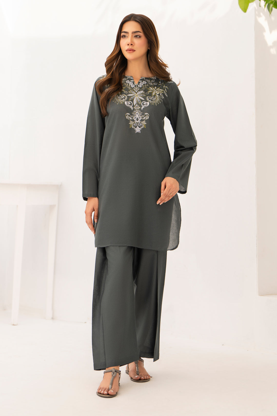 Grey Embroidery Cotton Slub 2PC Suit