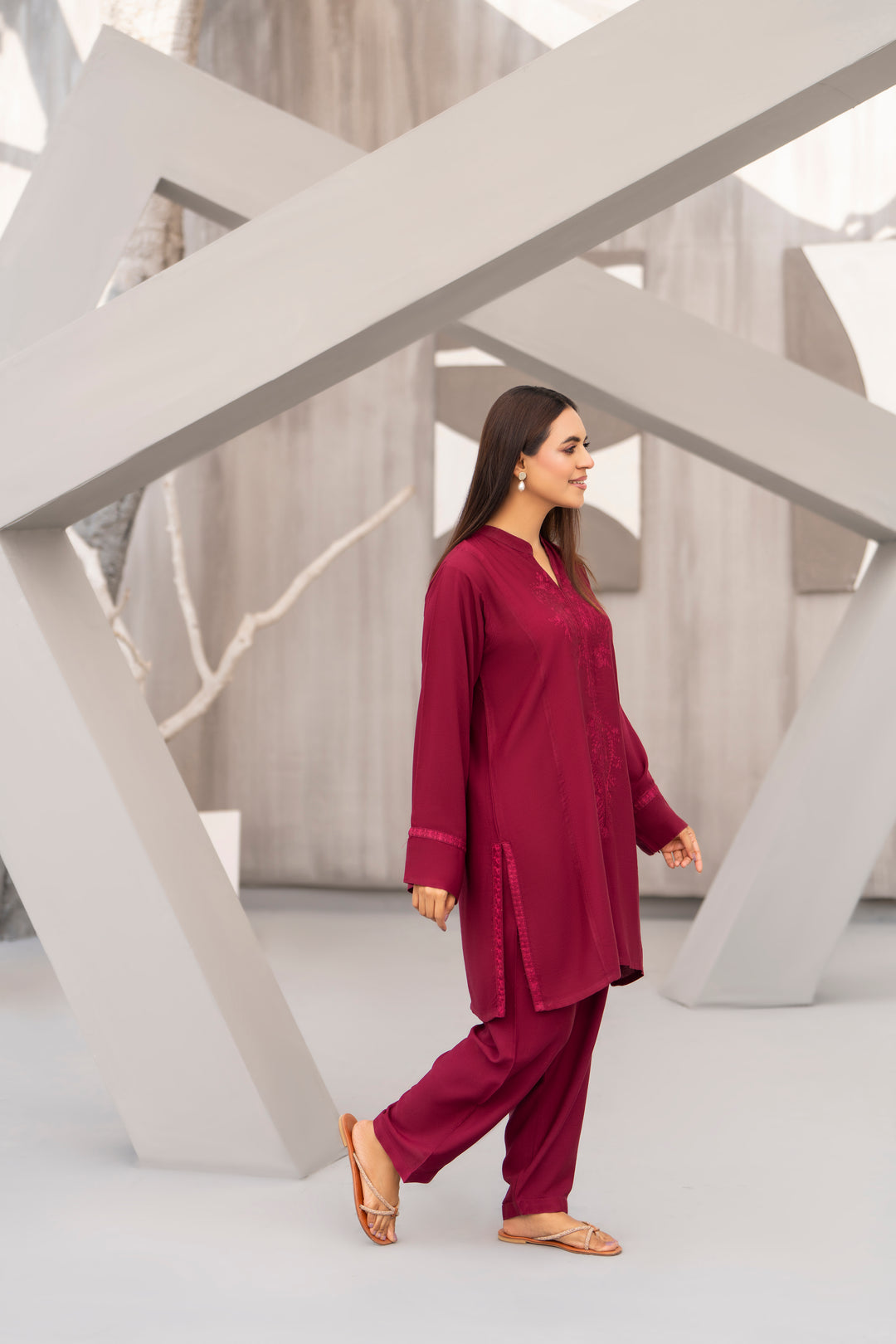 Maroon Aari Embroidered Silk Karandi 2pc