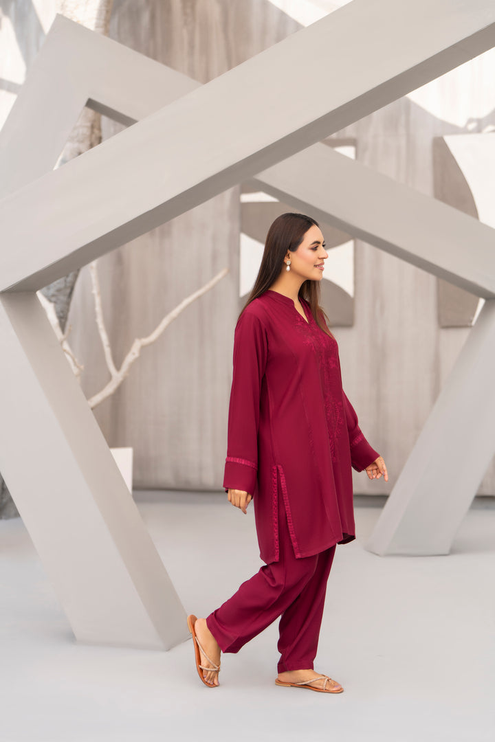 Maroon Aari Embroidered Silk Karandi 2pc