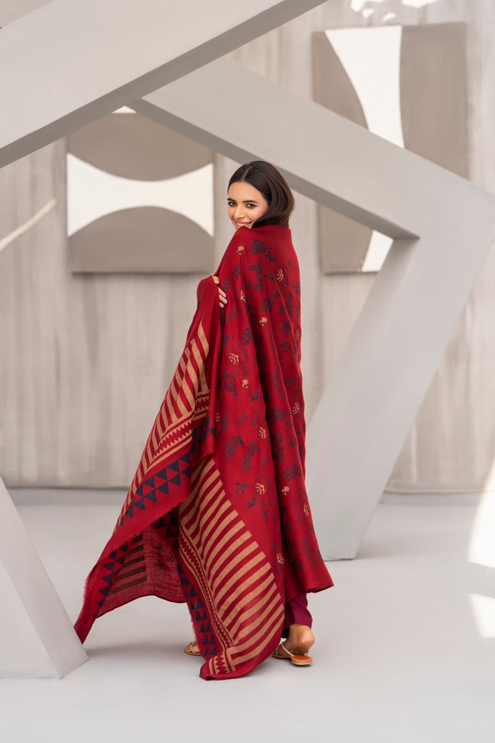 Maroon Hand Printed Shawl
