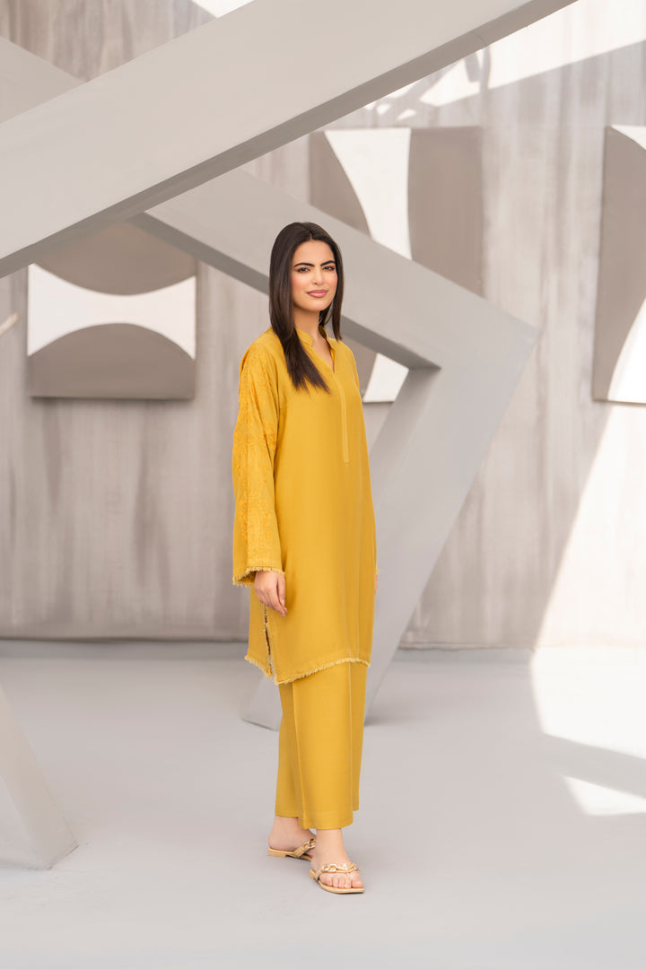 Mastard Yellow Aari Embroidered Silk  Karandi 2pc