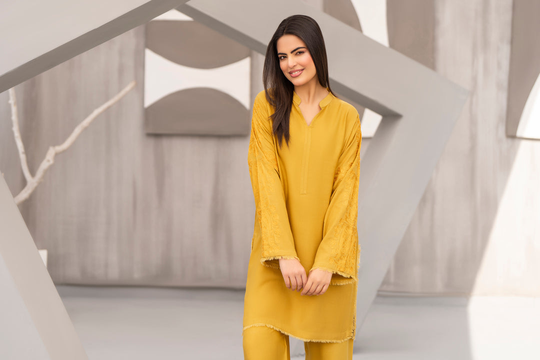 Mastard Yellow Aari Embroidered Silk  Karandi 2pc