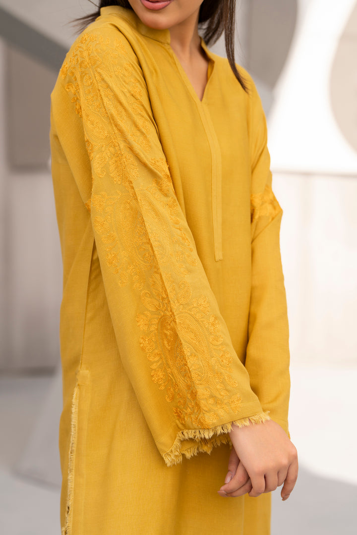 Mastard Yellow Aari Embroidered Silk  Karandi 2pc