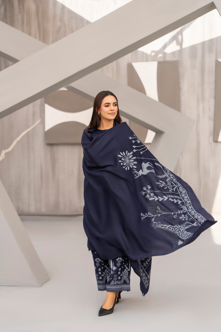 Navy Hand Printed Shawl