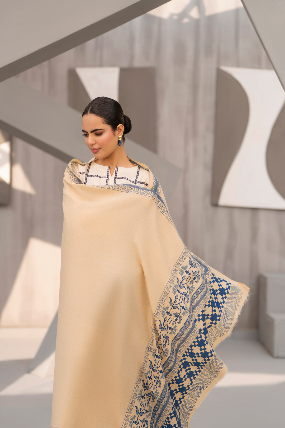 Off-White Hand Printed Shawl