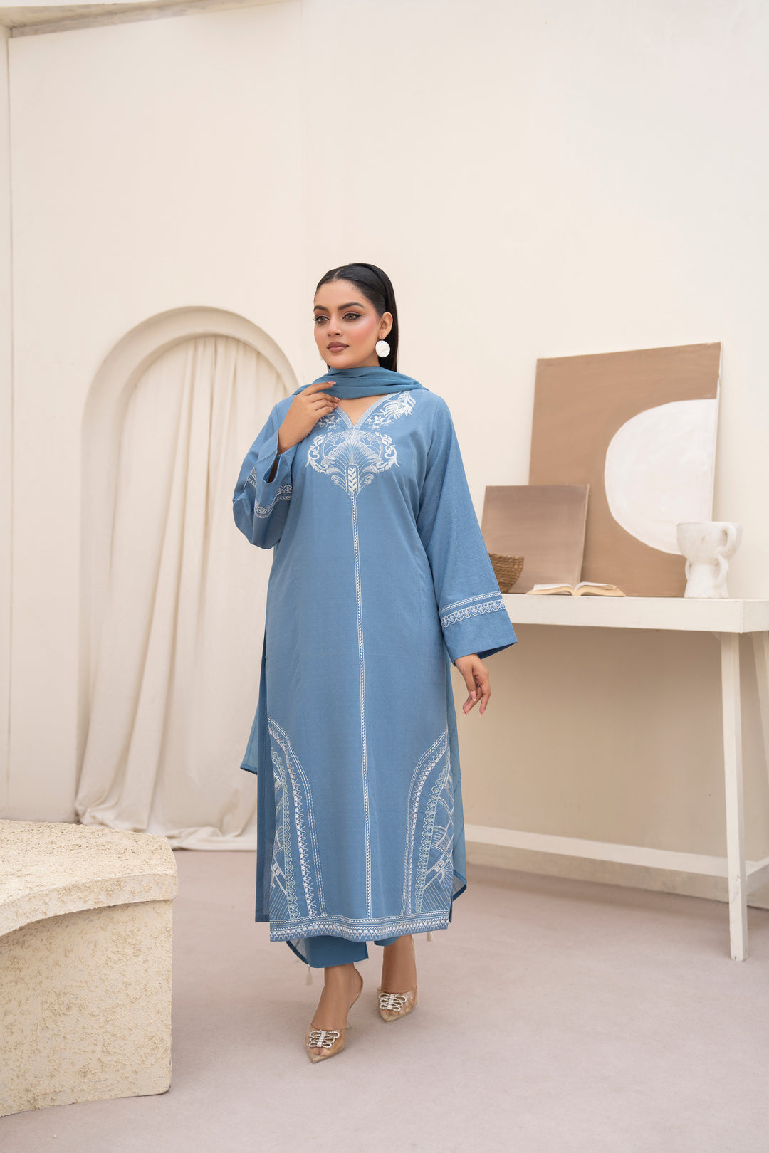 Denim Blue Embroidered 3pc