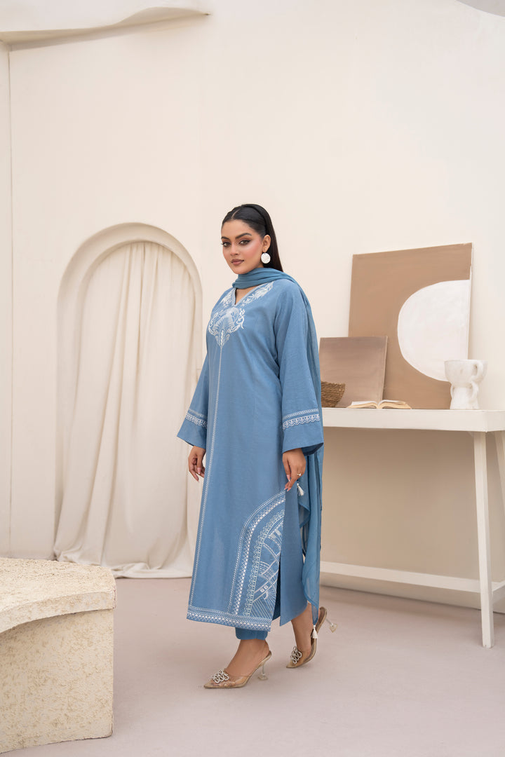 Denim Blue Embroidered 3pc