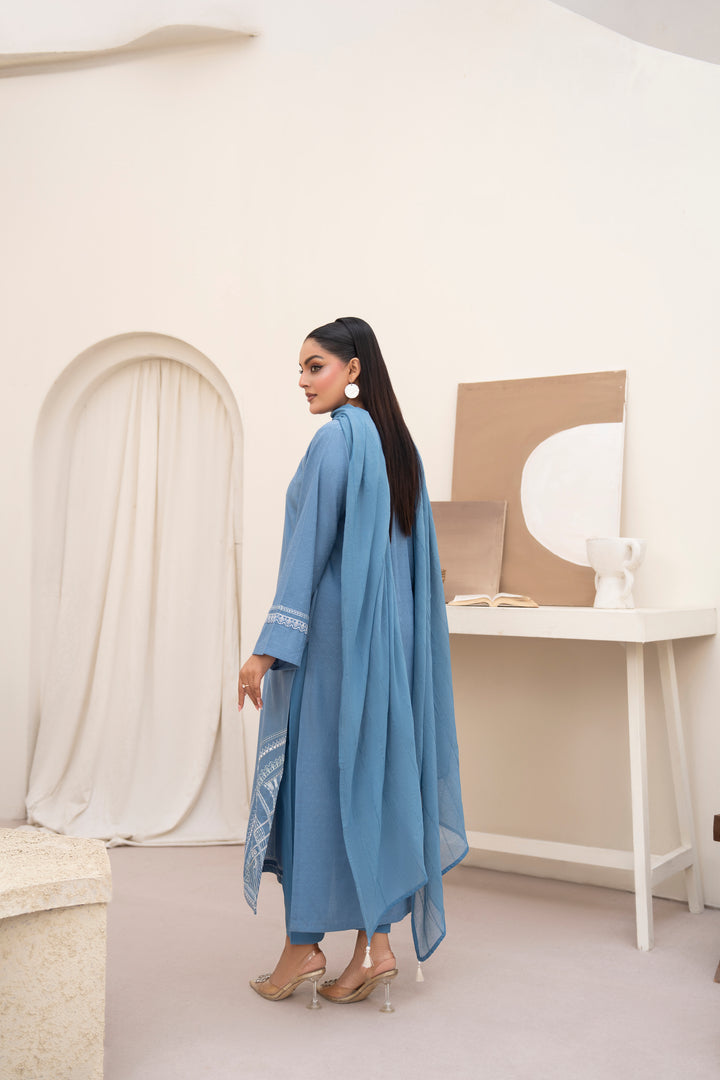 Denim Blue Embroidered 3pc