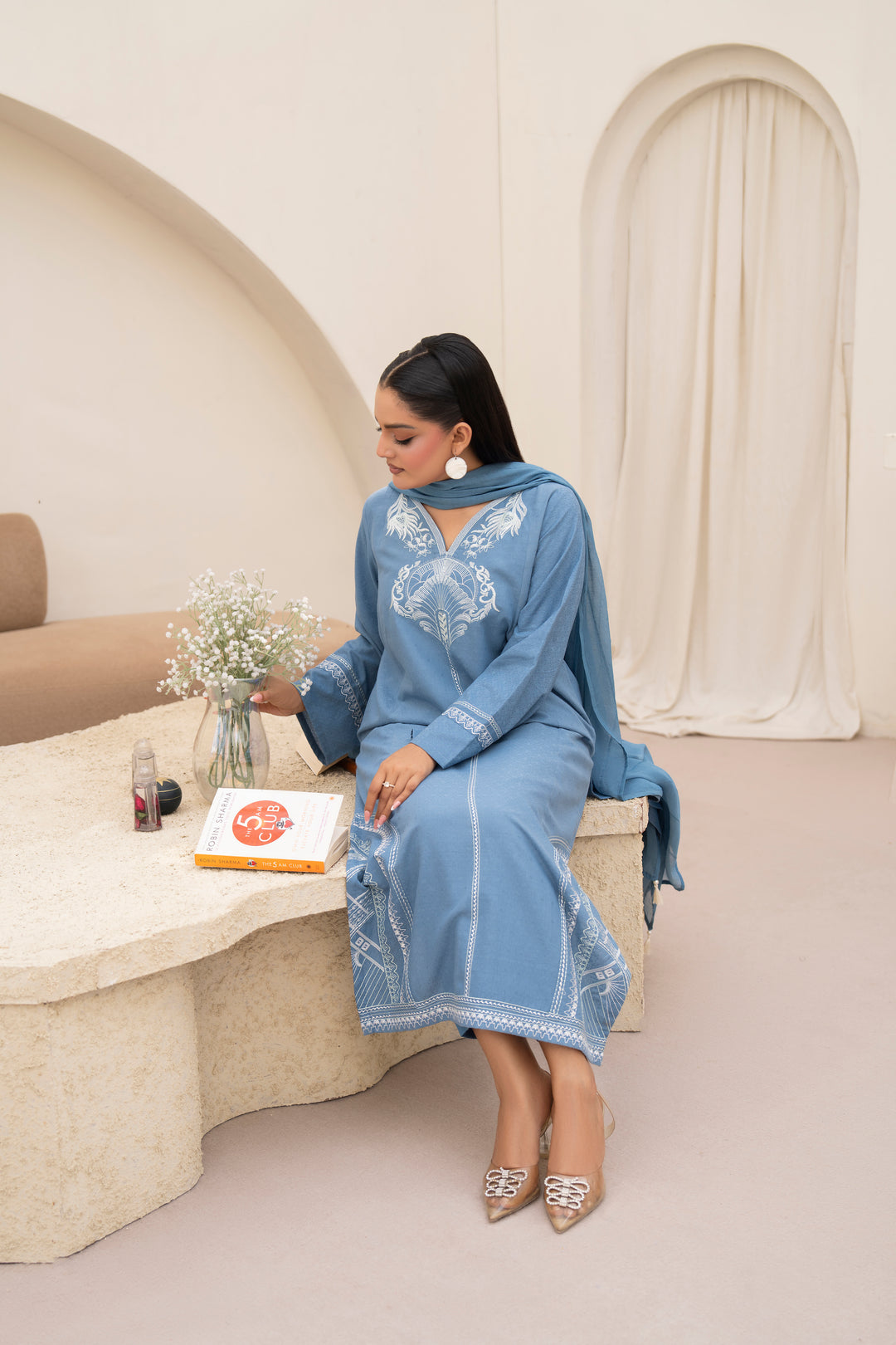 Denim Blue Embroidered 3pc