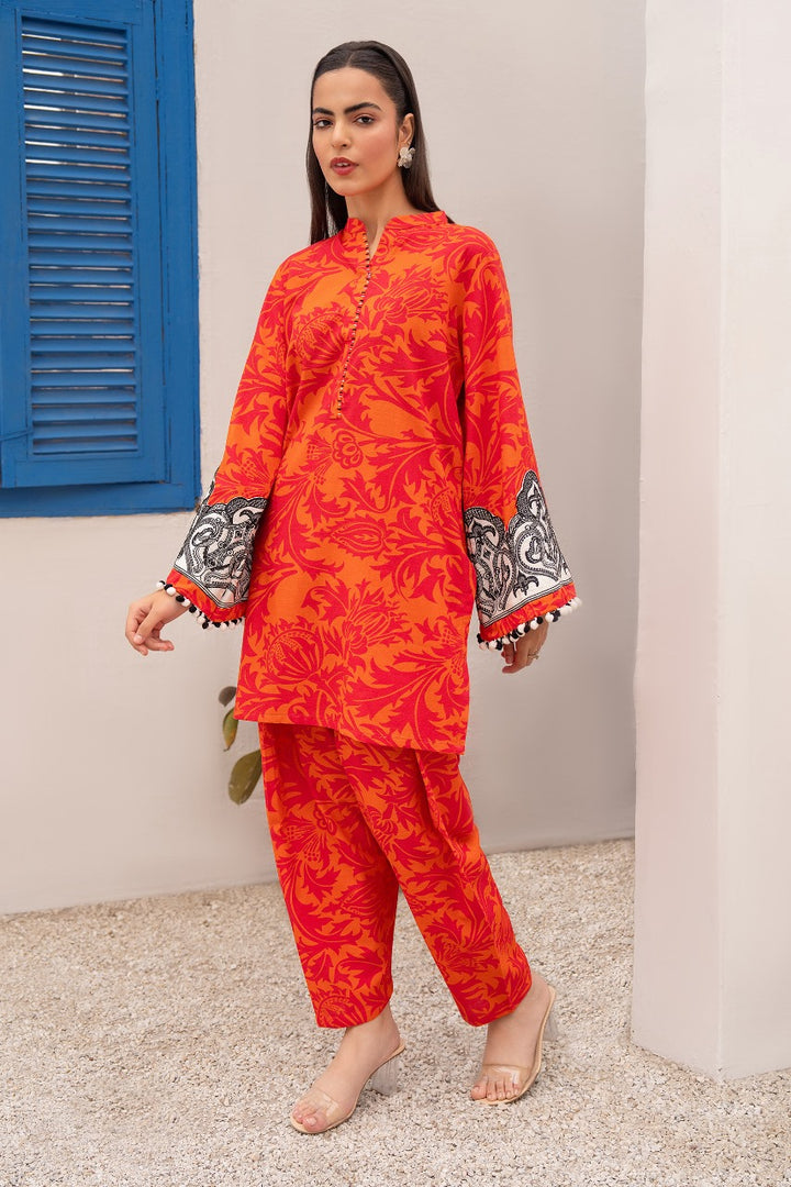 Orange Digital & Embroidered Print Khaddar 2 PC Suit