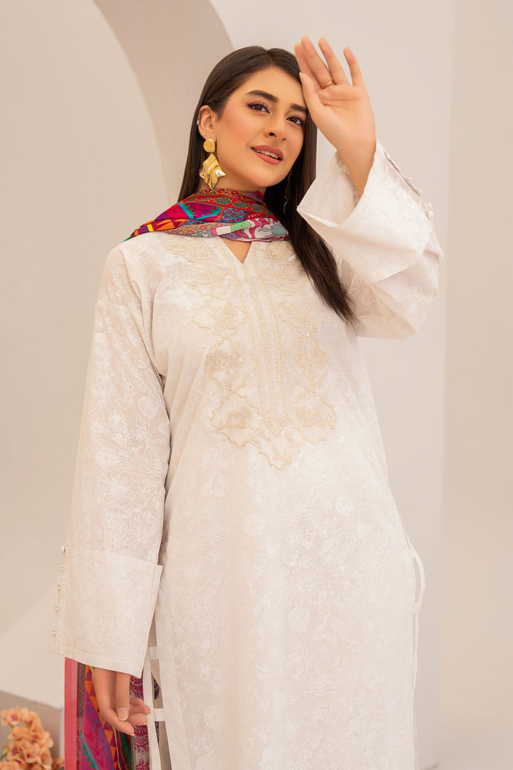 Luminous White  Screen Printed Embroidered Suit 2 PC - SH0291