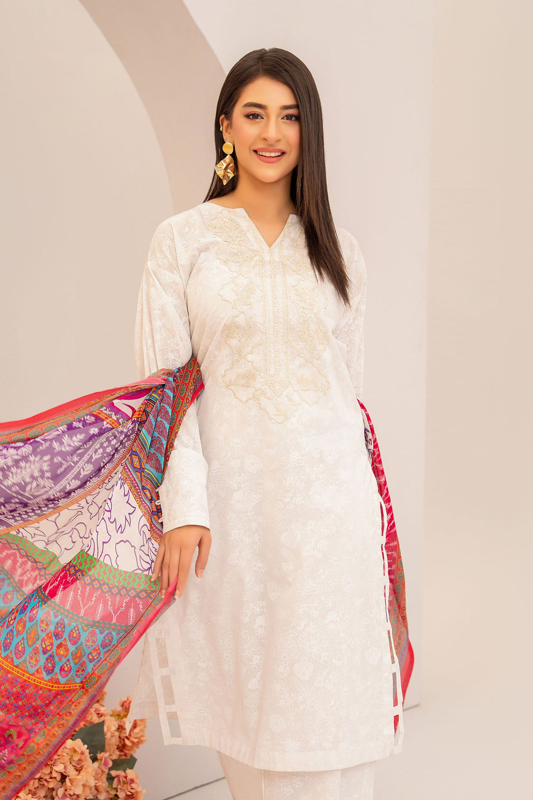 Luminous White  Screen Printed Embroidered Suit 2 PC - SH0291