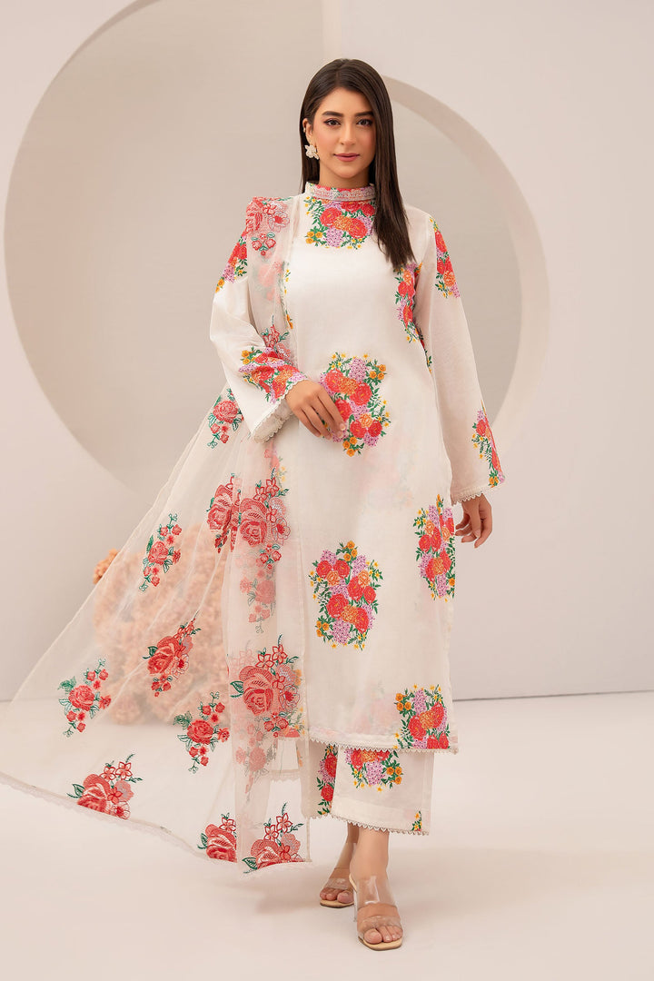 IvoryPrinted with Organza Embroidered Dupatta 3 Pc - SH0071