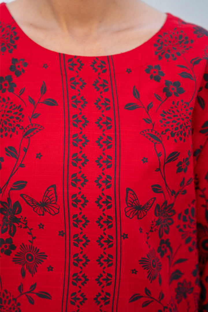 Red Slub By Slub Hand Printed 2PC Suit