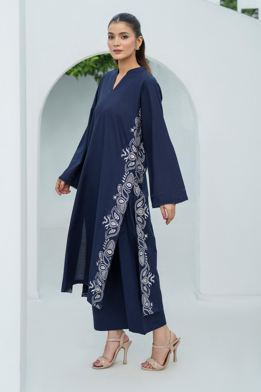 Navy Blue Plain Cotton Embroidery 2PC Suit