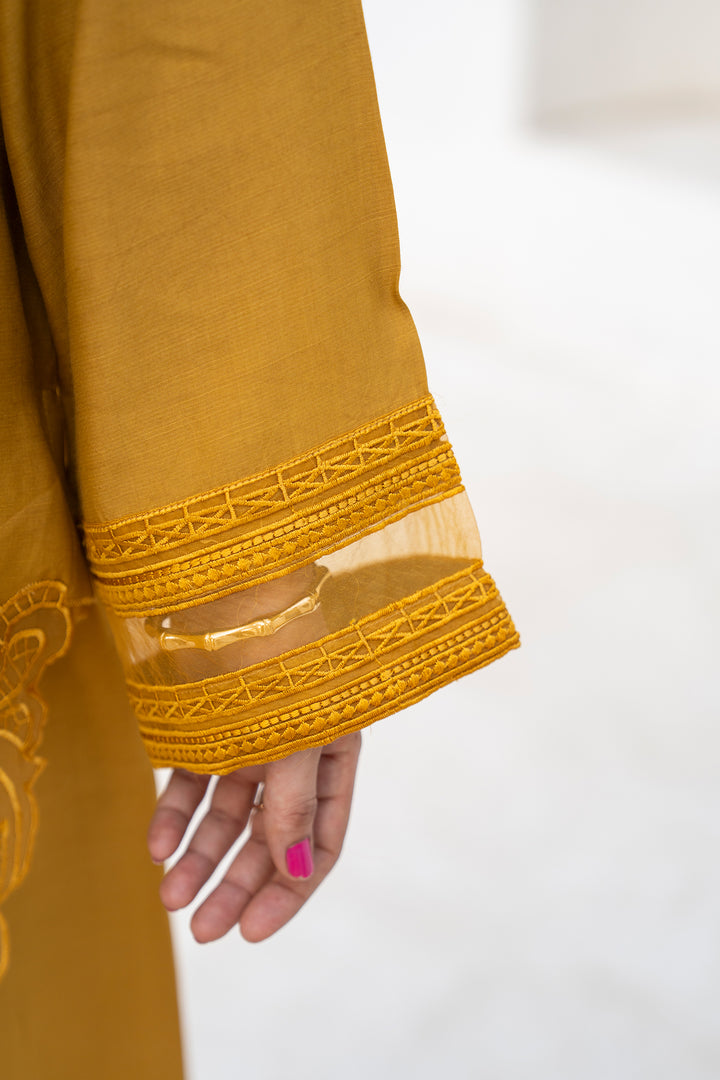 Mustard Raw Silk Embroidery 3PC Suit