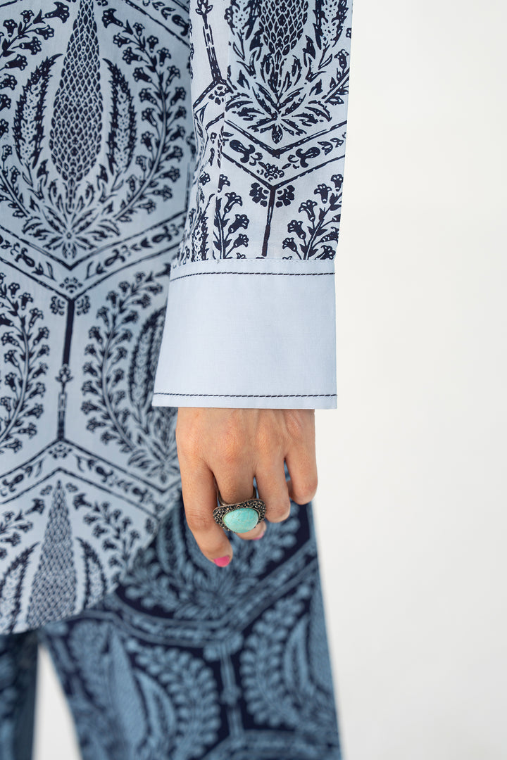 Navy/Ice Blue Hand Print Cotton 2PC Suit