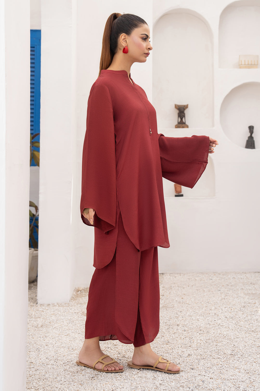 Maroon Solid Raw Silk 2 Pc Suit