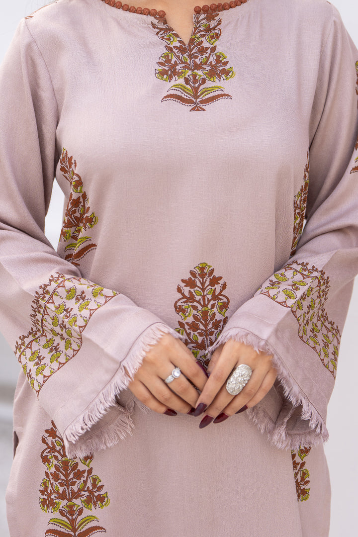 Beige Hand Print Karandi 2 Pc Suit