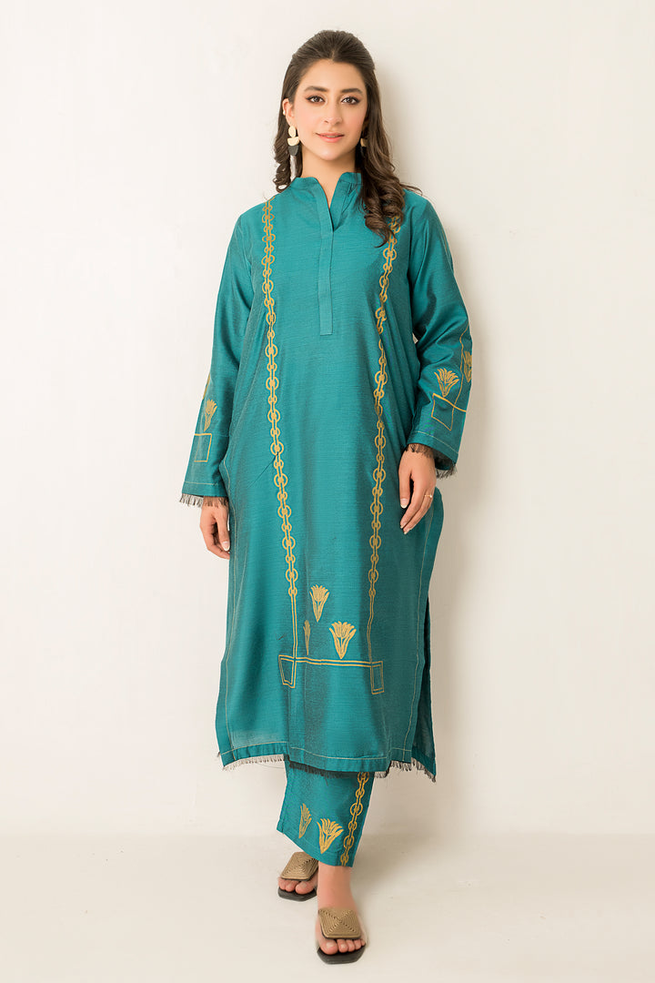 Sea Green Block print Ready To Wear Shirt Trouser - SH0274