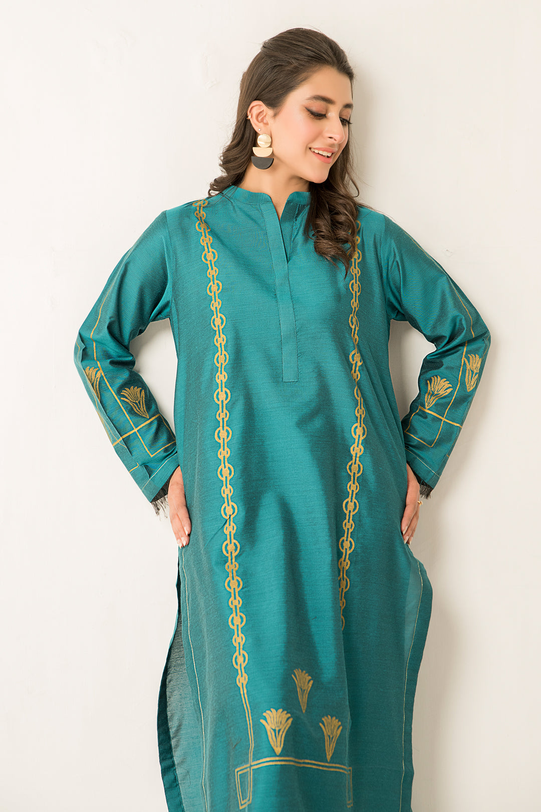 Sea Green Block print Ready To Wear Shirt Trouser - SH0274