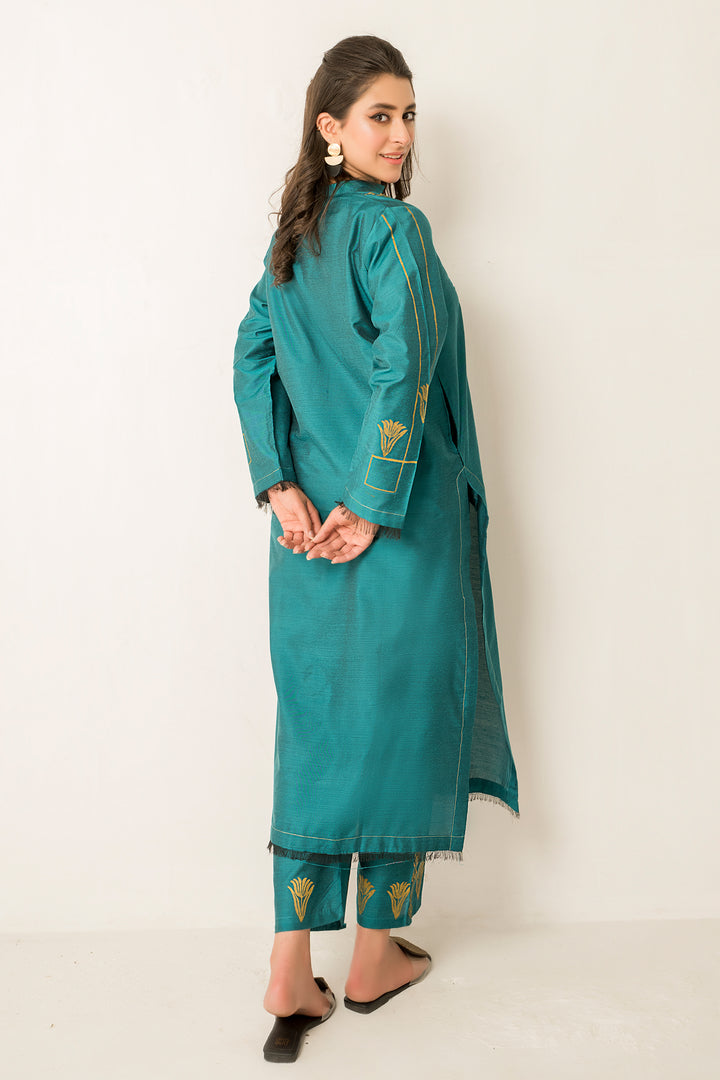 Sea Green Block print Ready To Wear Shirt Trouser - SH0274