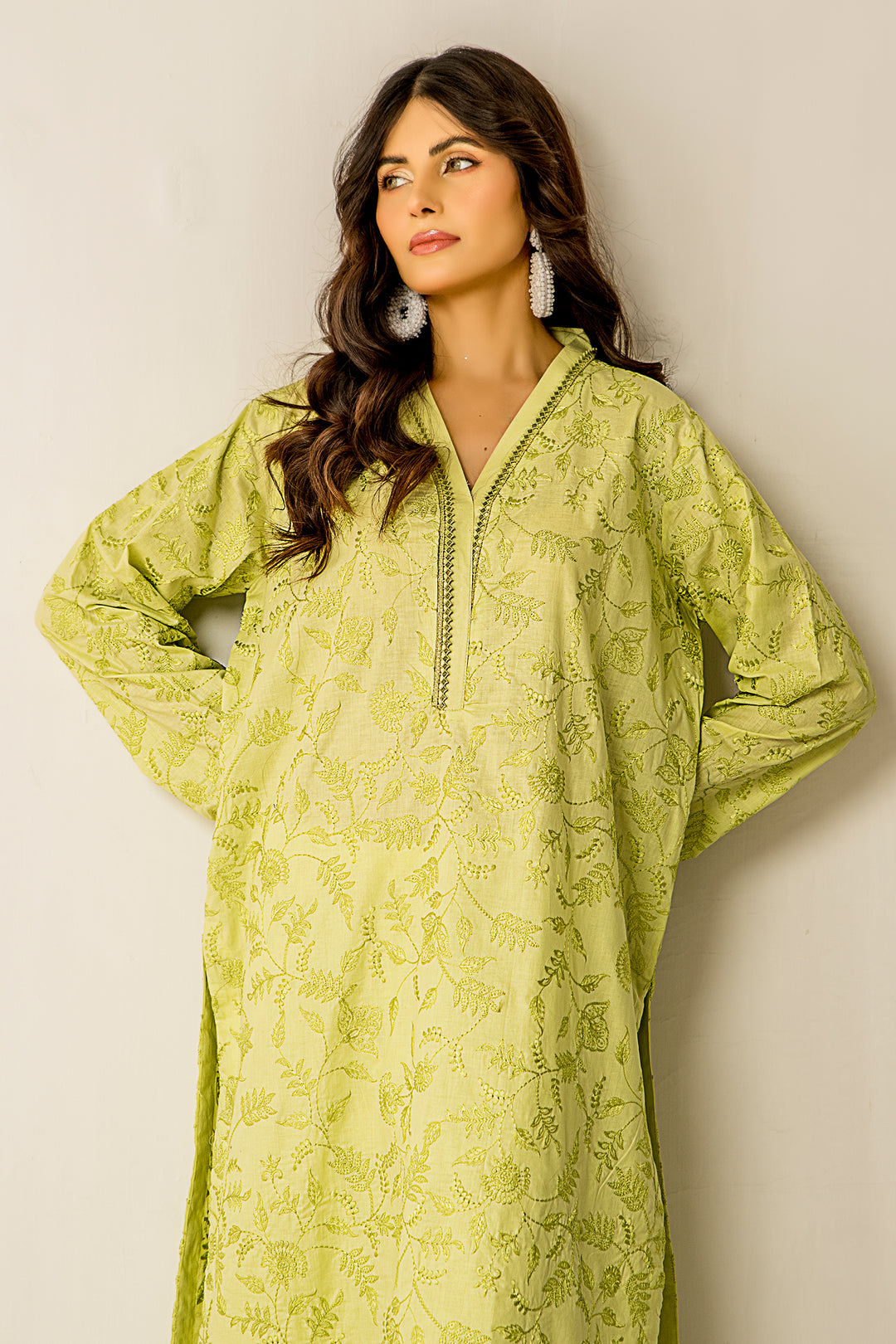 Lemon Green Embroidered Ready To Wear Shirt Trouser - SH0325