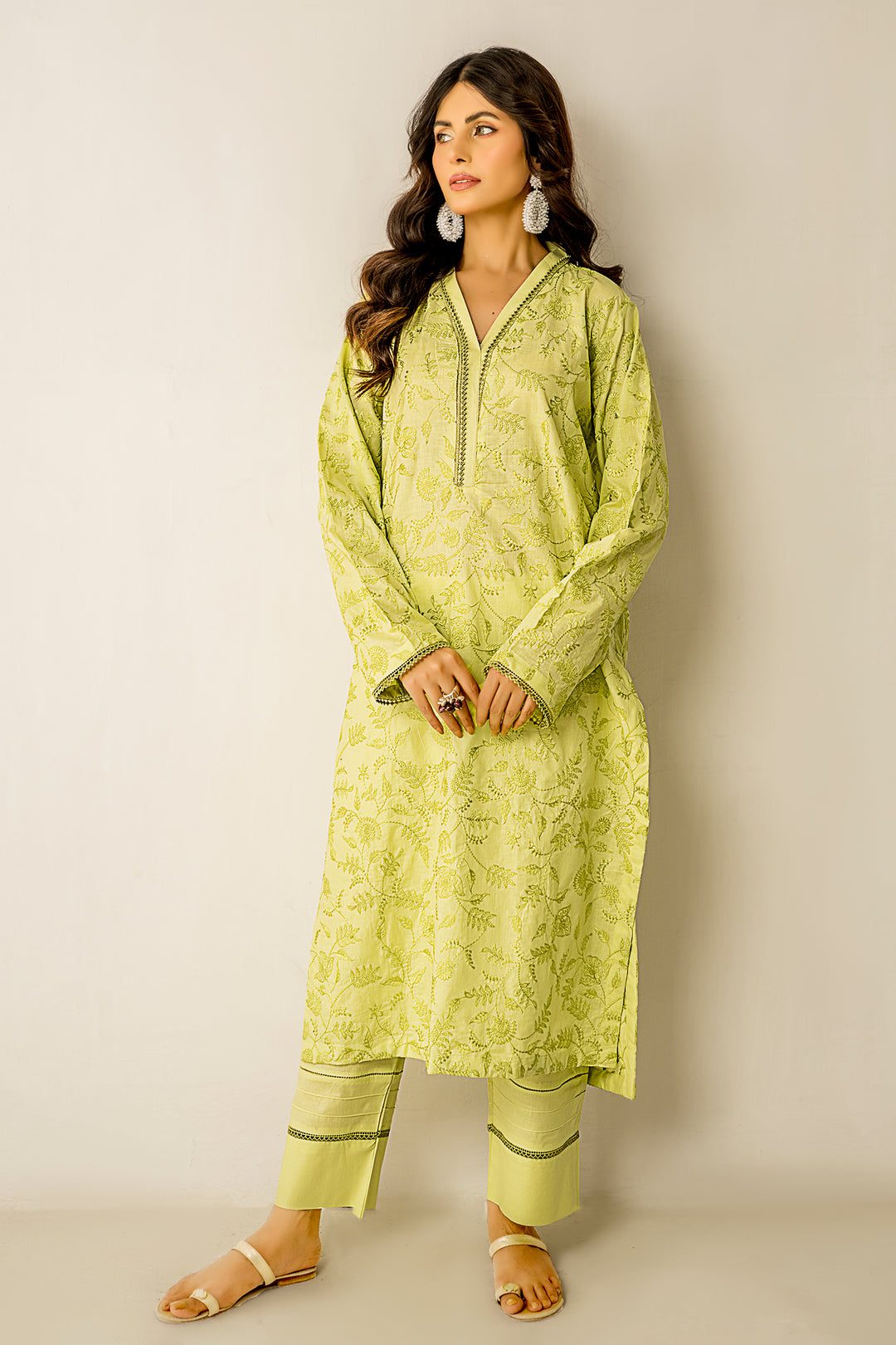 Lemon Green Embroidered Ready To Wear Shirt Trouser - SH0325