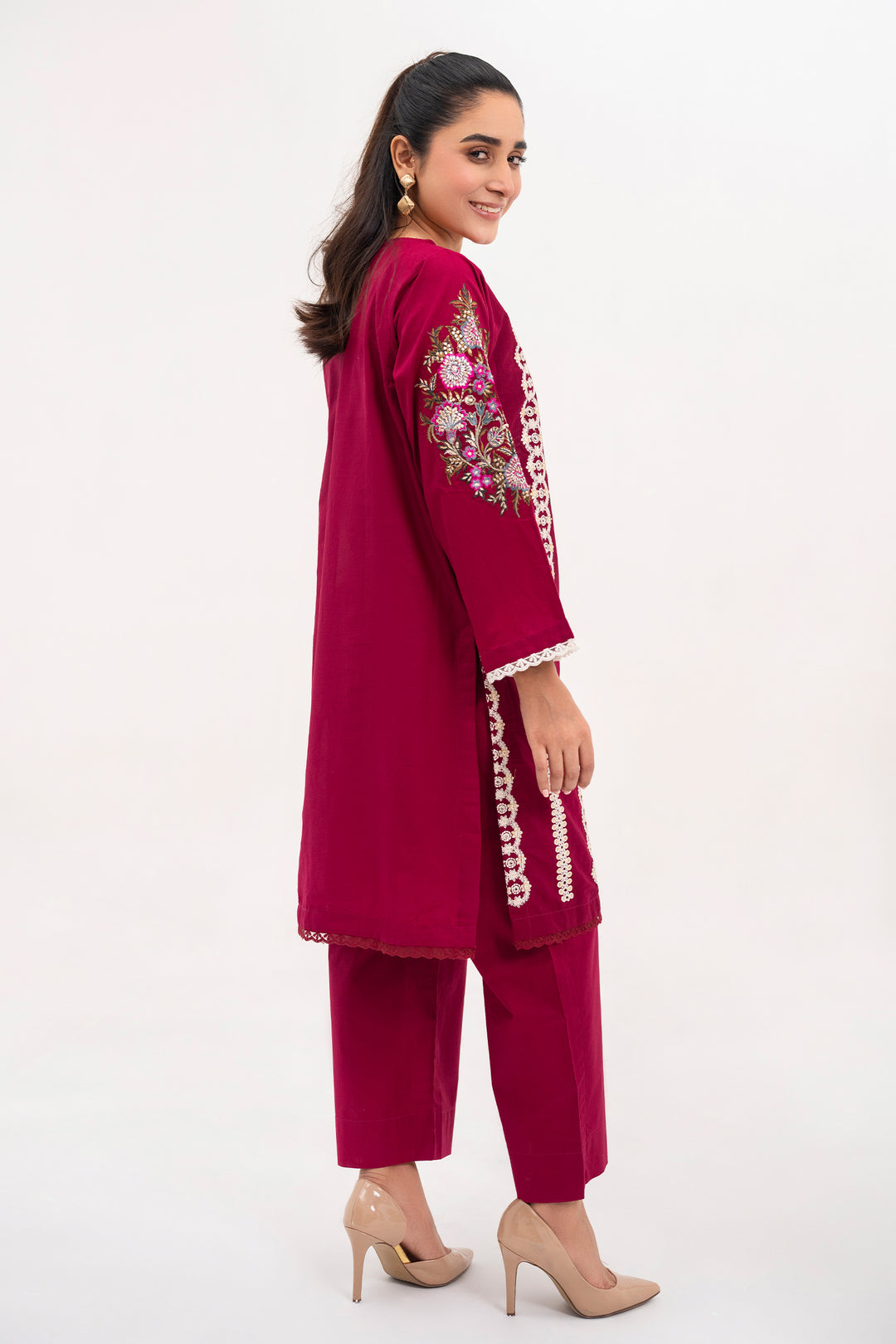 Maroon Embroidered  Ready To Wear Shirt Trouser - SH0093