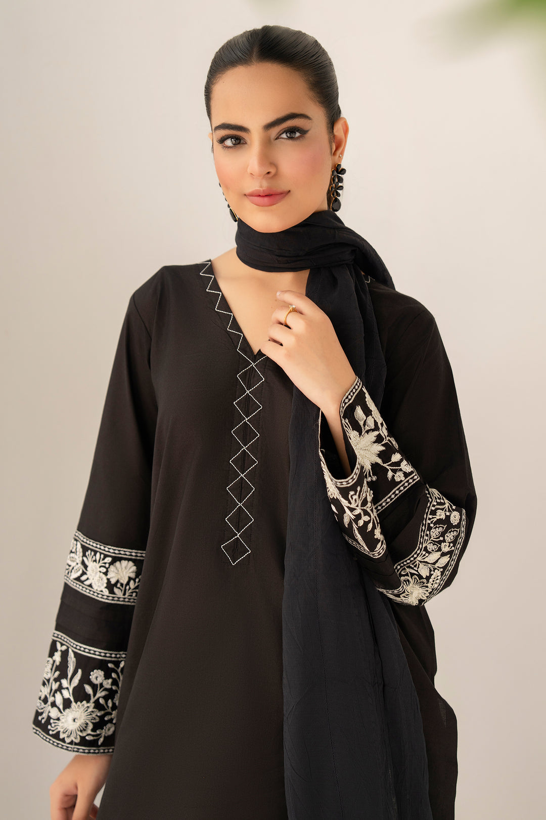 Black & White Embroidery Cotton Cambric 3pc Suit