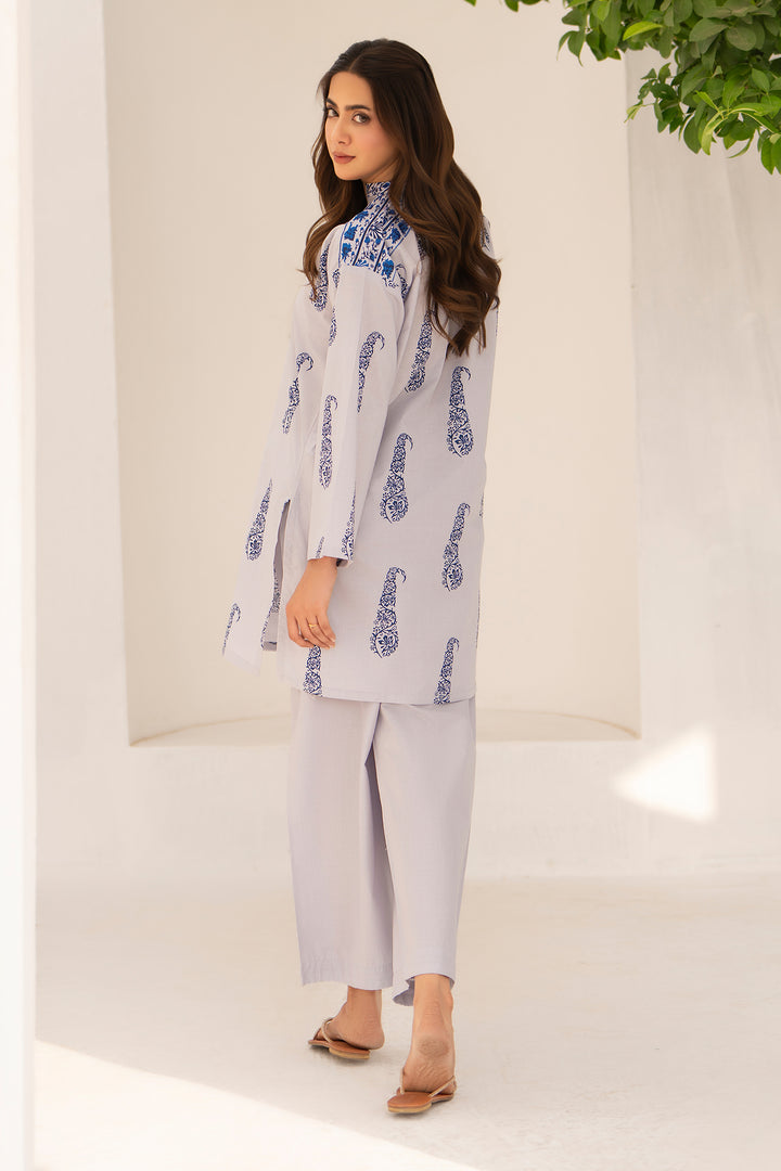 Grey Hand Print Cotton 2PC Suit