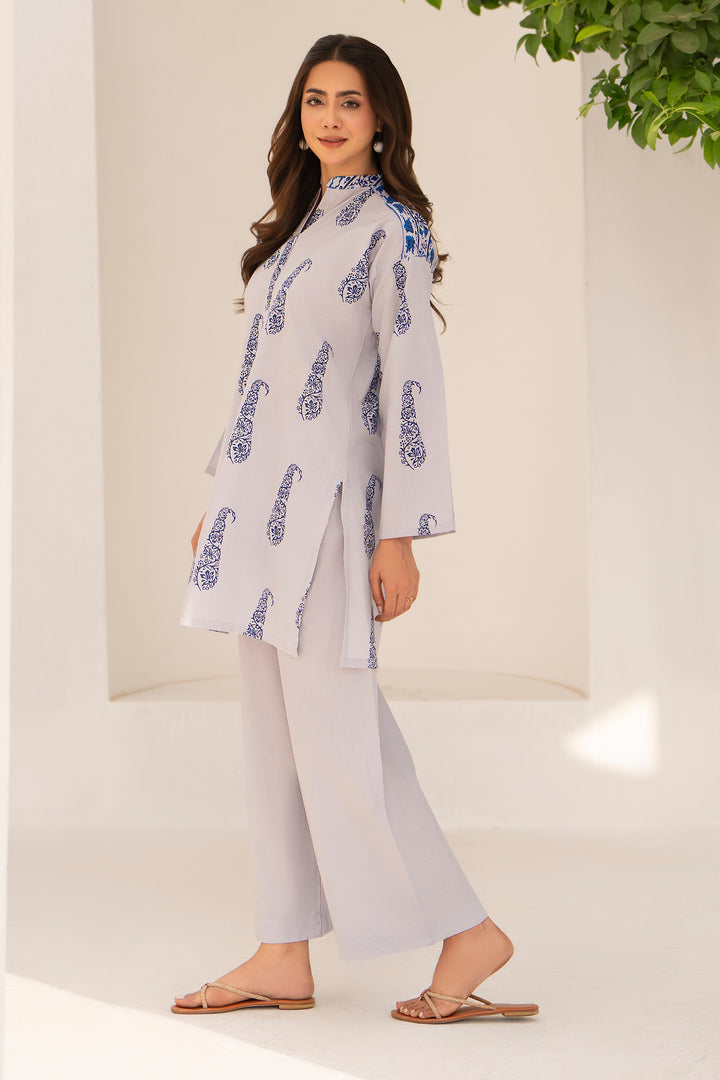 Grey Hand Print Cotton 2PC Suit