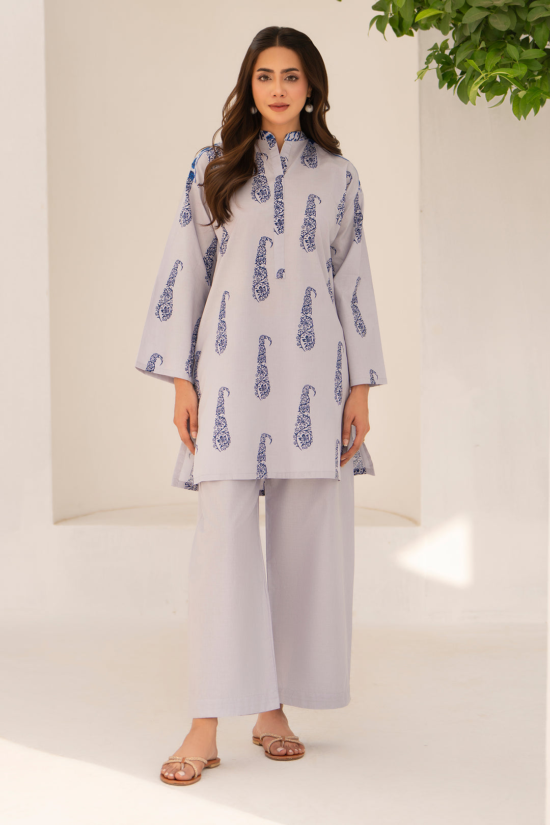 Grey Hand Print Cotton 2PC Suit