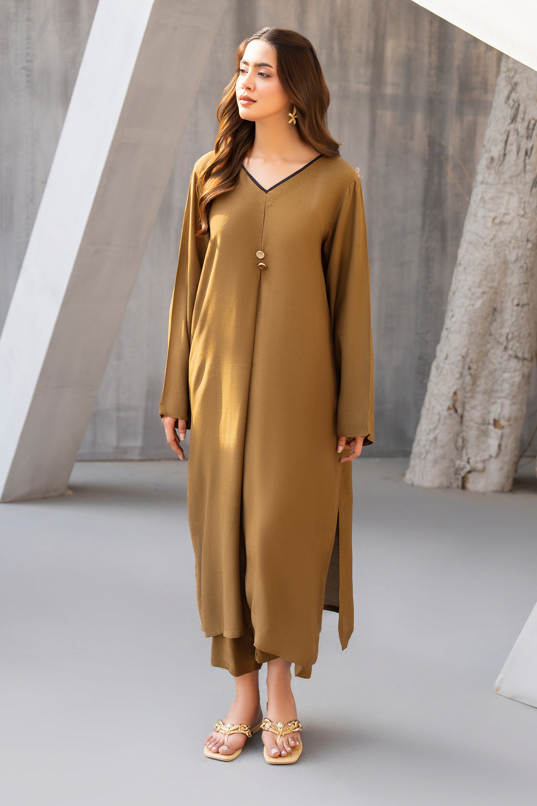 Tobacco Solid Raw Silk 2pc Suit