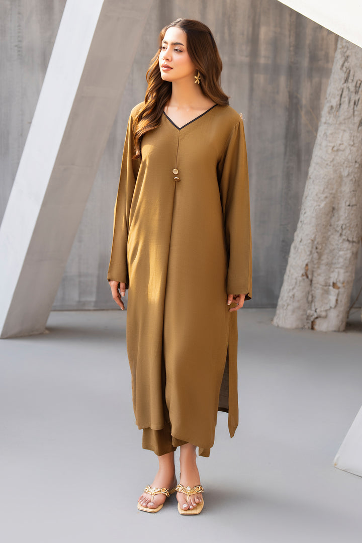 Tobacco Solid Raw Silk 2pc Suit