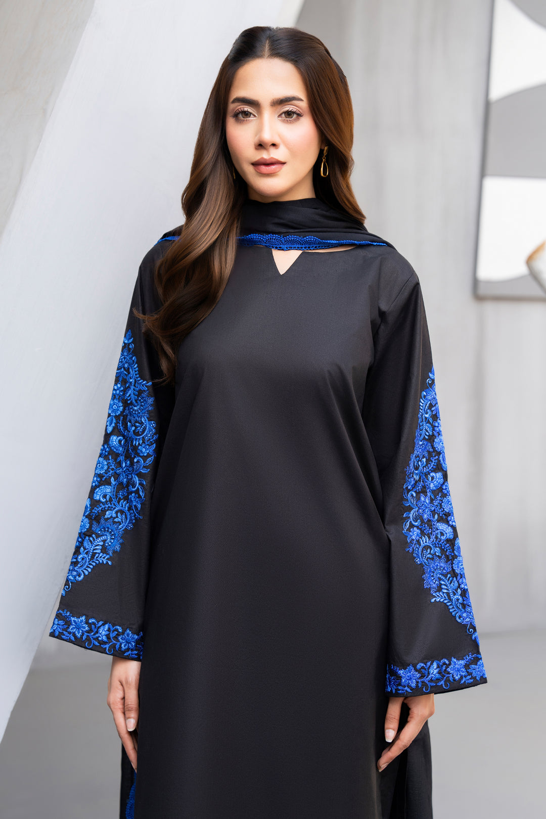 Black & Blue Embroidery Cotton Cambric 3-PC Suit