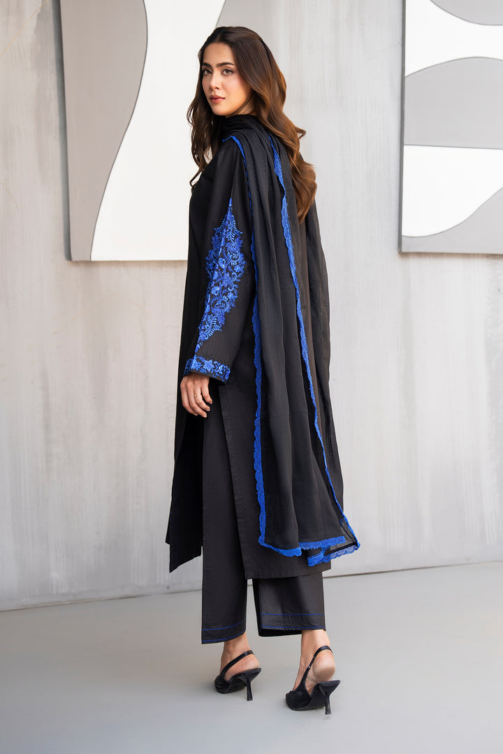 Black & Blue Embroidery Cotton Cambric 3-PC Suit