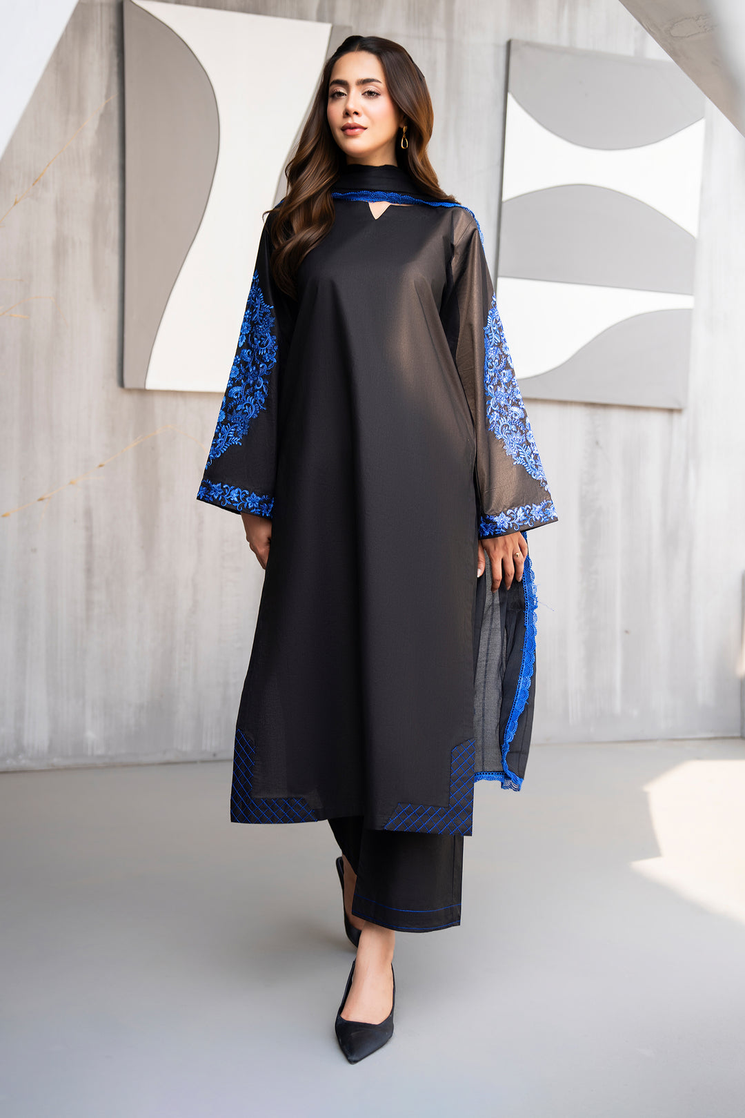 Black & Blue Embroidery Cotton Cambric 3-PC Suit