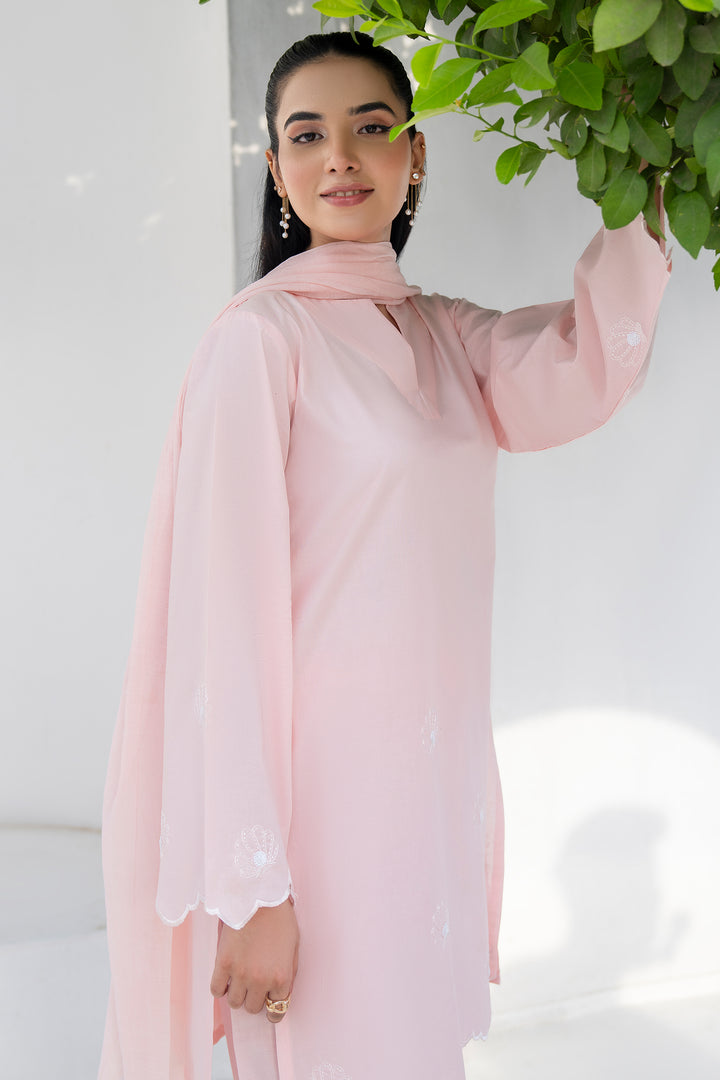 Peach Plain Cotton Embroidery 3PC Suit