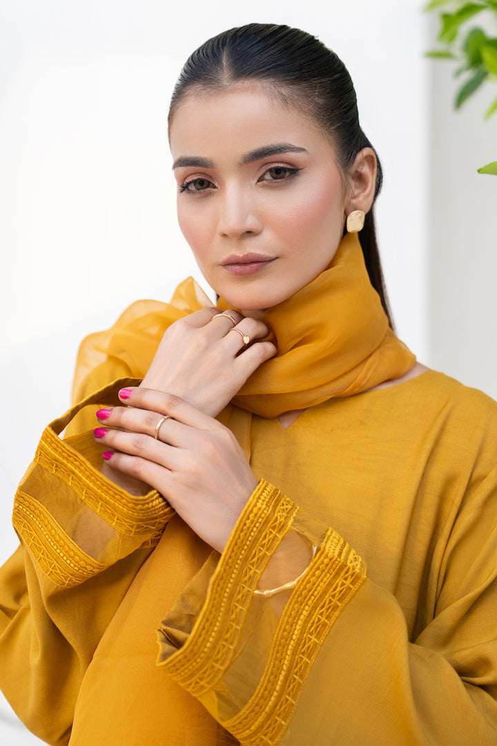Mustard Raw Silk Embroidery 3PC Suit