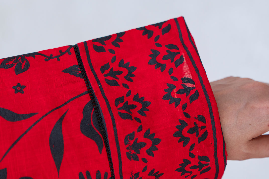 Red Slub By Slub Hand Printed 2PC Suit