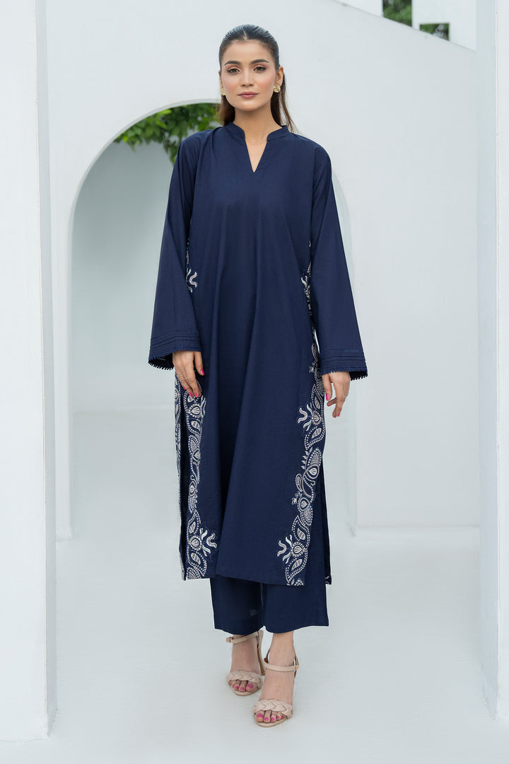 Navy Blue Plain Cotton Embroidery 2PC Suit