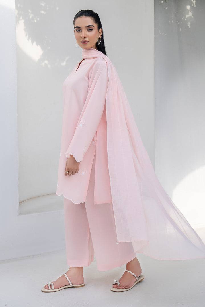 Peach Plain Cotton Embroidery 3PC Suit